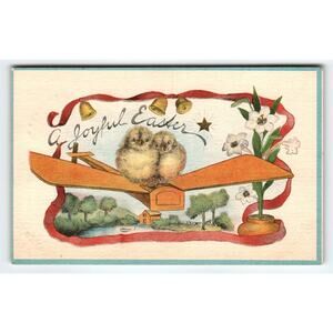 Vintage Easter Postcard Two Chicks on Wooden Aircraft Plane Fantasy Antique